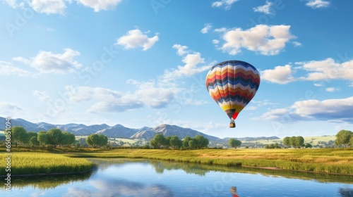 Illustration of a vibrant hot air balloon soaring above a serene lake