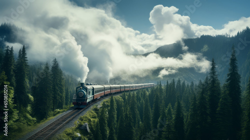 Illustration of a train passing through a vibrant green forest