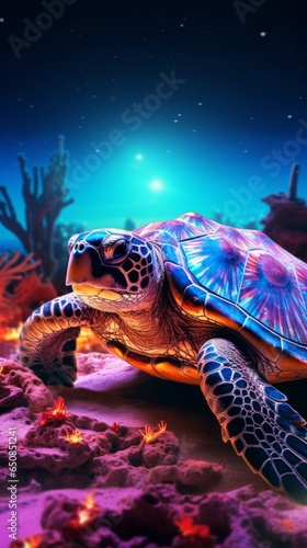 Illustration of a vibrant sea turtle swimming among a colorful coral reef