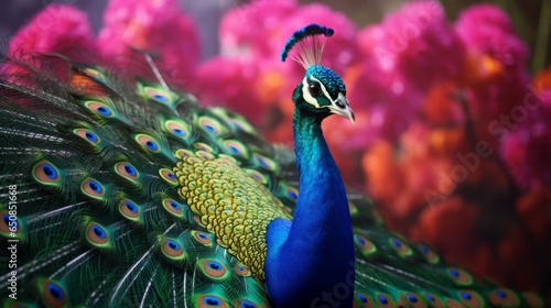 A majestic peacock amidst a vibrant field of blooming flowers