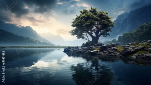 A picturesque island with a solitary tree standing tall © NK