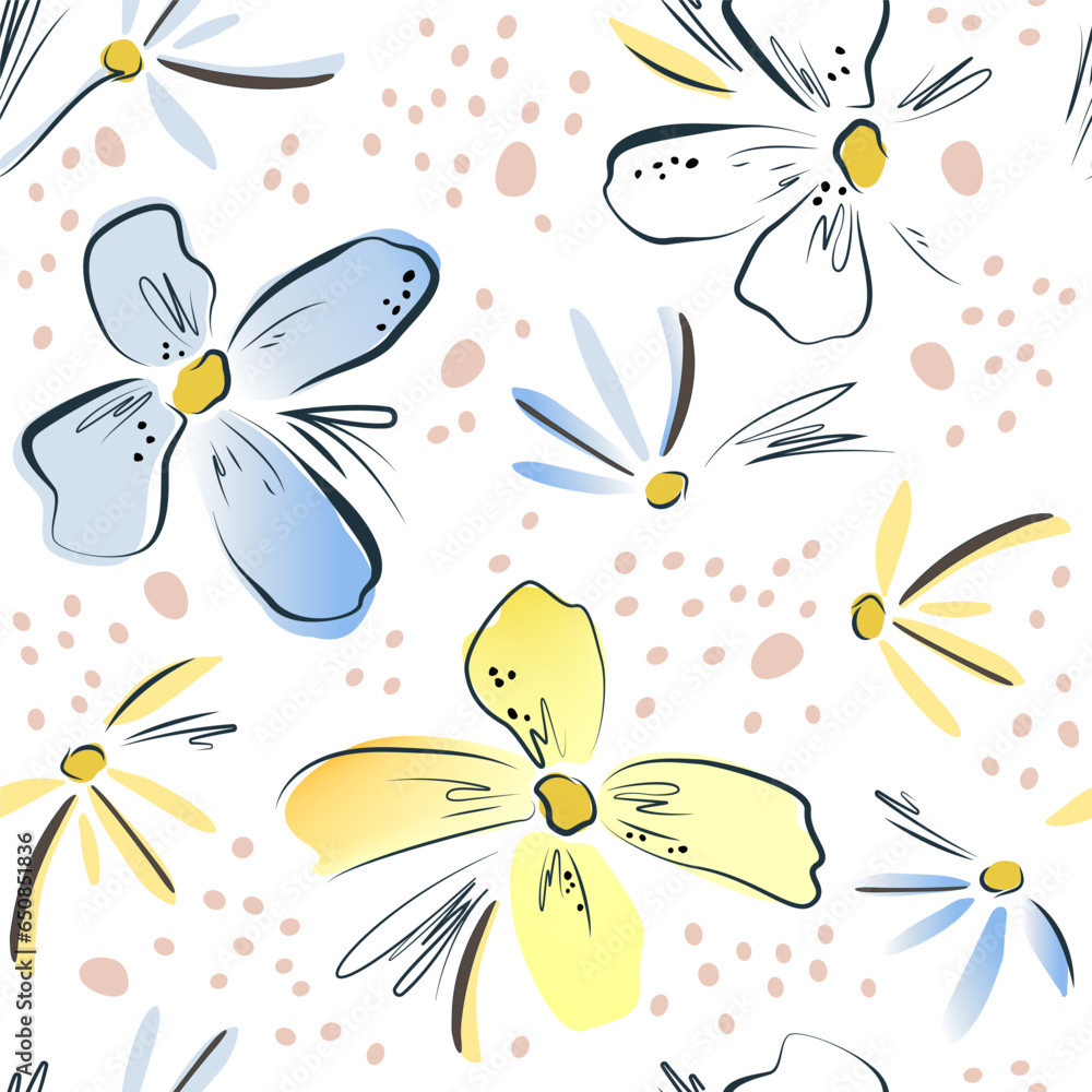 Botanical abstract flowers pattern. Hand drawn seamless summer floral background. Sketchy multicolor drawing and black and white contour strokes.