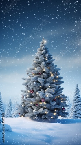 A beautifully lit Christmas tree in a winter wonderland