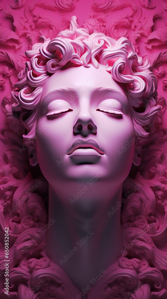 Illustration of a vibrant pink sculpture of a woman's head with exquisite curls