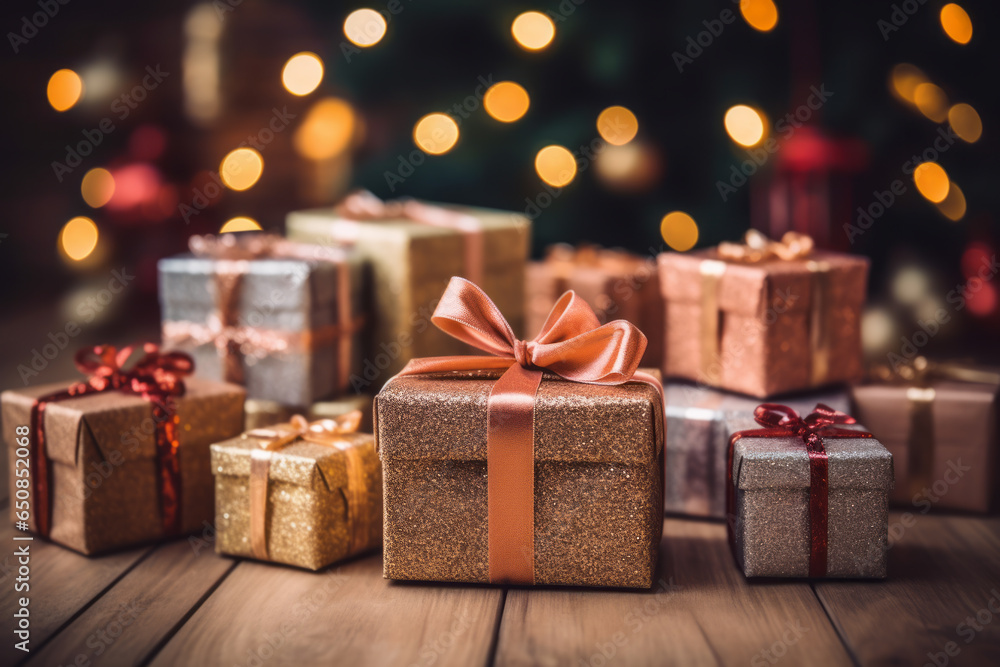 Gift boxes on wooden background. New Year and Christmas design. Holiday banner, web poster, flyer, stylish brochure, greeting card, cover. Xmas background with bokeh Gift boxes on wooden background. New Year and Christmas design. Holiday banner, web poster, flyer, stylish brochure, greeting card, cover. Xmas background with bokeh