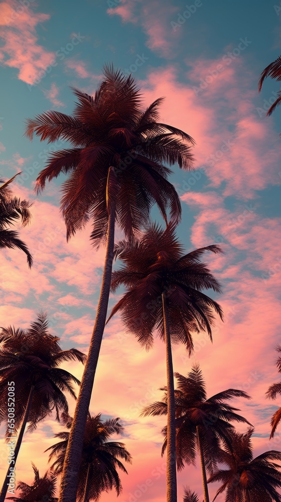 Illustration of palm trees against a vibrant pink sky