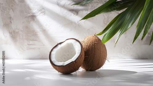 Illustration of two coconuts and a plant on a table photo