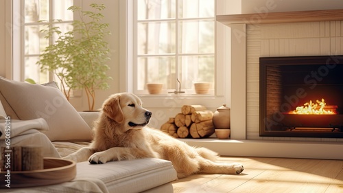 Stampa su tela An adorable golden retriever dog lounges by the fireplace in a minimalist living room, basking in the warmth of the hearth against a backdrop of light-colored interiors