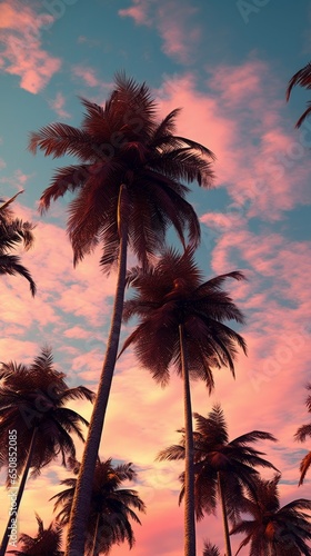 Illustration of palm trees against a vibrant pink sky