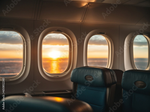 Empty aircraft seats and light shine porthole windows, sunset sky, AI Generative © DSM