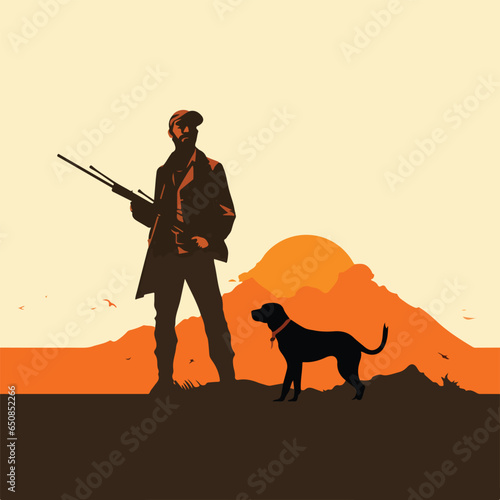 A silhouette of a guy with a gun and dog, in the style of eye-catching