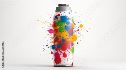 Metal aerosol spray can with colorful paint spatters photo