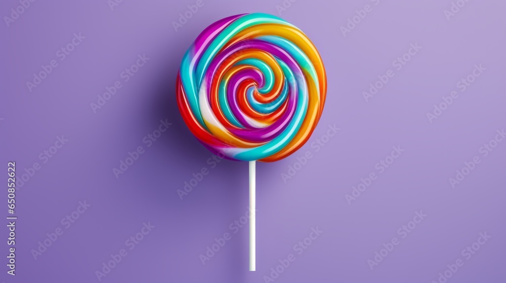 A vibrant lollipop against a striking purple backdrop A vibrant lollipop against a striking purple backdrop