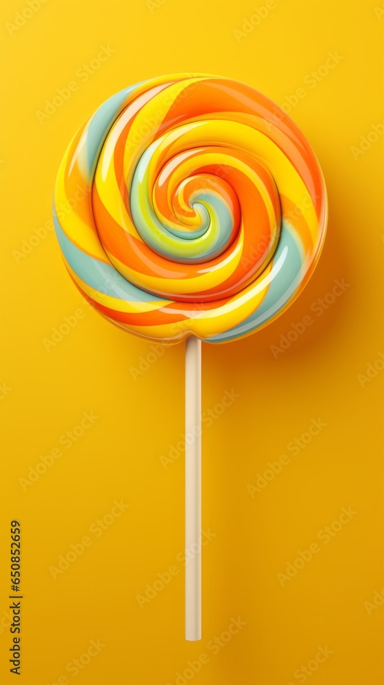 A colorful lollipop on a vibrant yellow background A colorful lollipop on a vibrant yellow background