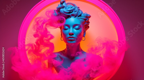 A vibrant woman's sculpture surrounded by swirling pink smoke