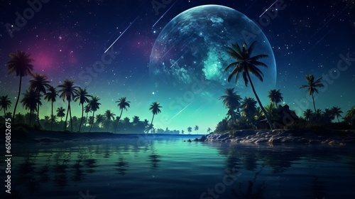 A serene night sky with palm trees and a distant planet