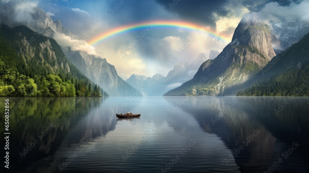 A vibrant rainbow arching over a serene lake with majestic mountains as the backdrop