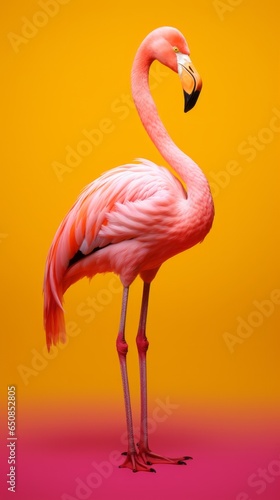 A pink flamingo standing in front of a yellow background