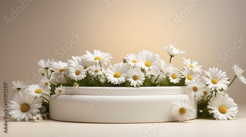 A white stage filled with an abundance of beautiful white daisies flowers