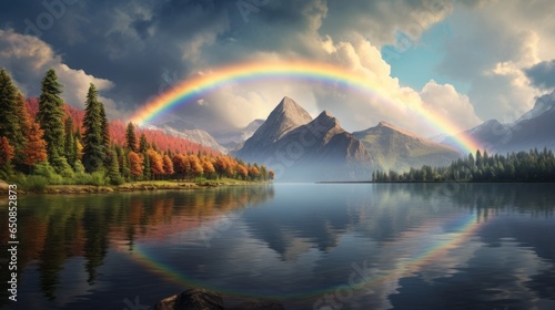 A vibrant rainbow arching over a serene lake with majestic mountains as the backdrop © NK