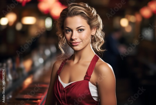 beautiful young woman behind bar in a casino night club