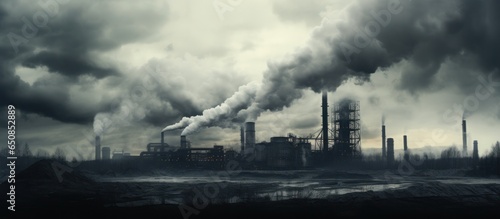 destroyed factory with smoke from chimneys, post-apocalyptic scene © id512