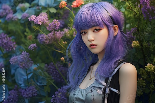  pretty woman in purple flower field, calm peaceful atmosphere, Generative Ai