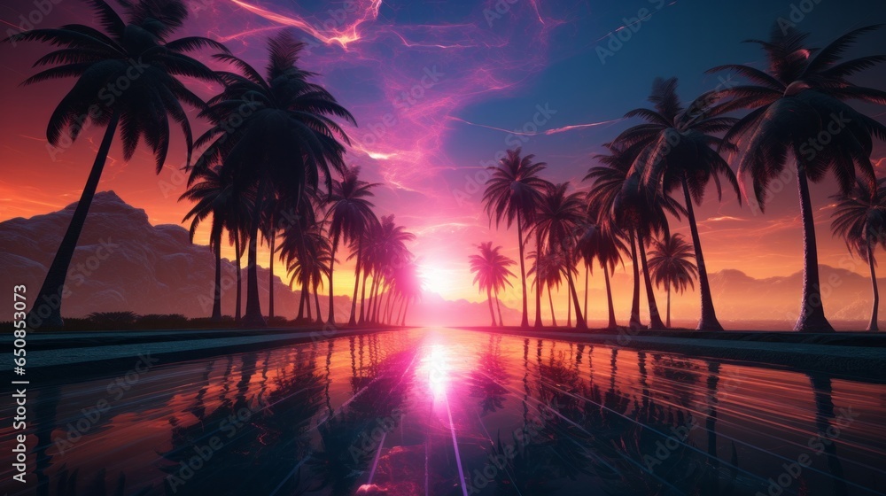 A vibrant tropical sunset with majestic palm trees