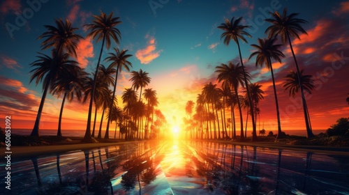 A painting of a tropical sunset with palm trees