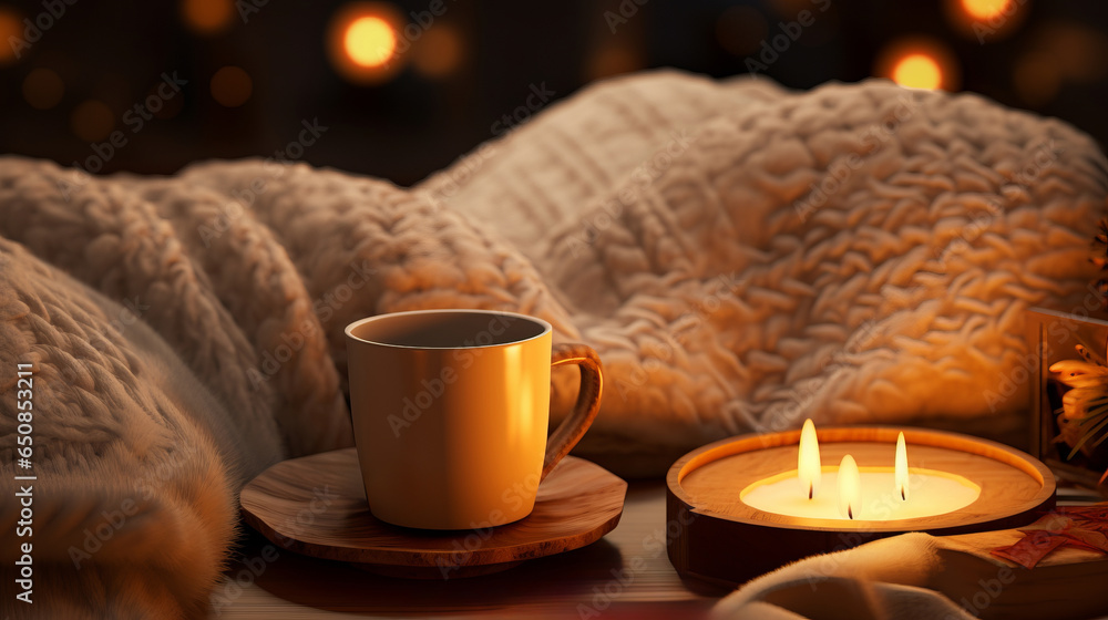 A cozy scene with a cup of coffee and a flickering candle on a table