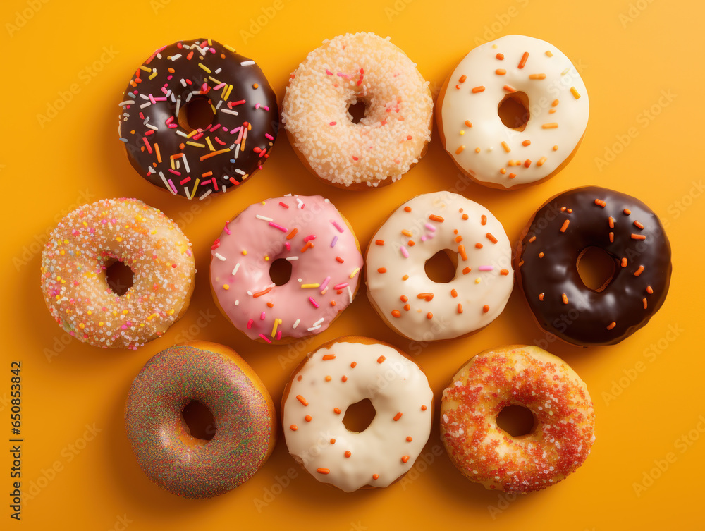 Various delicious donut flavors are lined up on an orange background Various delicious donut flavors are lined up on an orange background