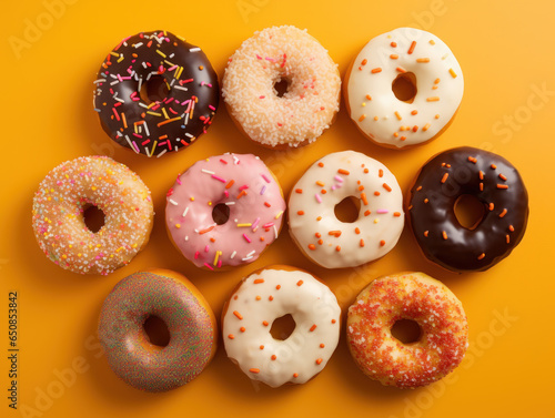 Various delicious donut flavors are lined up on an orange background