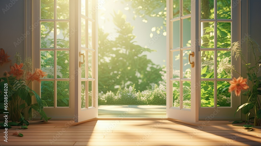 A serene scene awaits beyond an open white door, revealing a lush, green garden bathed in the soft glow of the sun. - obrazy, fototapety, plakaty 