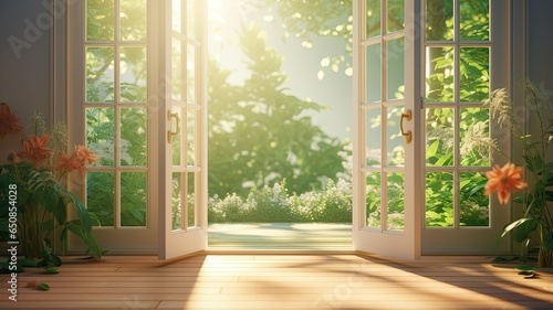 A serene scene awaits beyond an open white door  revealing a lush  green garden bathed in the soft glow of the sun.