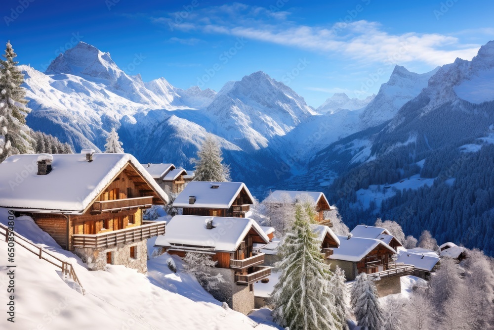 Charming alpine village with snow-draped rooftops and quaint chalets, creating a magical winter wonderland - Generative AI - obrazy, fototapety, plakaty 