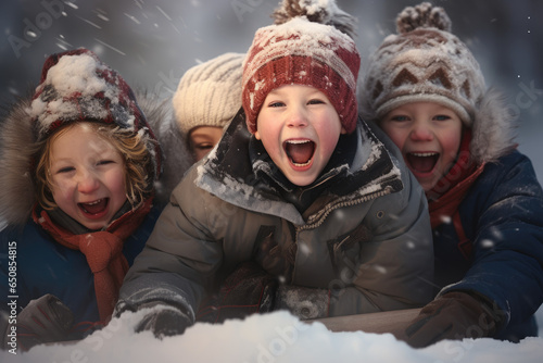 Children enjoying a snowy day on a sled ride down a hill