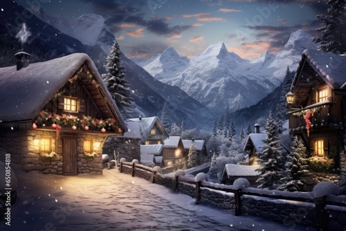 Charming alpine village with snow-draped rooftops and quaint chalets, creating a magical winter wonderland - Generative AI © Hanjin
