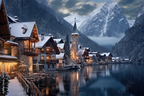 Charming alpine village with snow-draped rooftops and quaint chalets, creating a magical winter wonderland - Generative AI