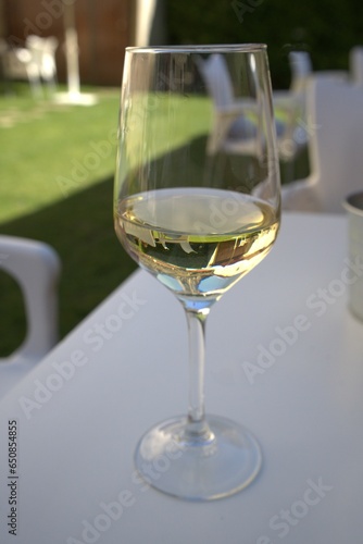 glass of white wine on the table