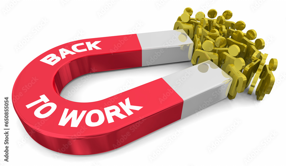 Foto Back to Work Magnet Attract Pull Workers Return Job 3d Illustration