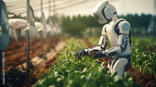 Concept of the Future of Agriculture. Human-like robot managing farm