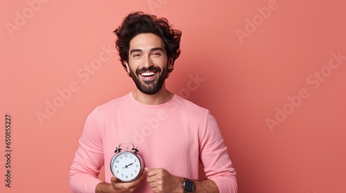 Smiling funny cheerful handsome young bearded man 30s wearing basic casual pink shirt standing hold in hand round clock looking camera isolated on pastel pink color wall background studio portrait
