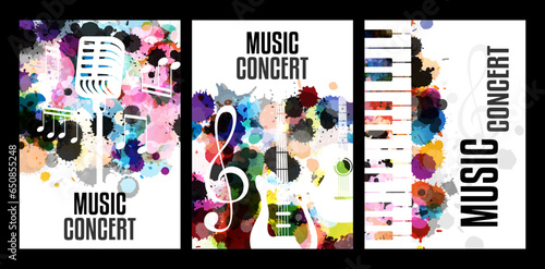Music festival concept. Live music concert. Vertical vector posters with paint splash design elements