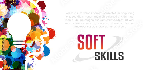 Soft skill or leadership knowledge concept. Horizontal vector poster with idea bulb and paint splash design elements