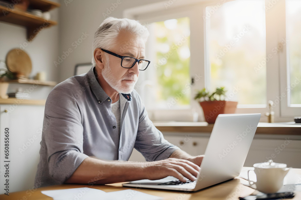 custom made wallpaper toronto digitalConcentrated senior male in glasses work on laptop from home office read email electronic document, Old age man employee freelancer sit at kitchen table by pc typing report online