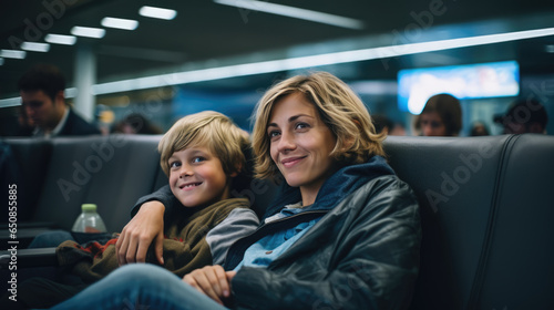 Mother and child smile while waiting for an airplane in the airport waiting area © MP Studio