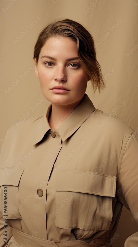 Fashion beige minimalist background with plus size model, styling, young professional model Fashion beige minimalist background with plus size model, styling, young professional model