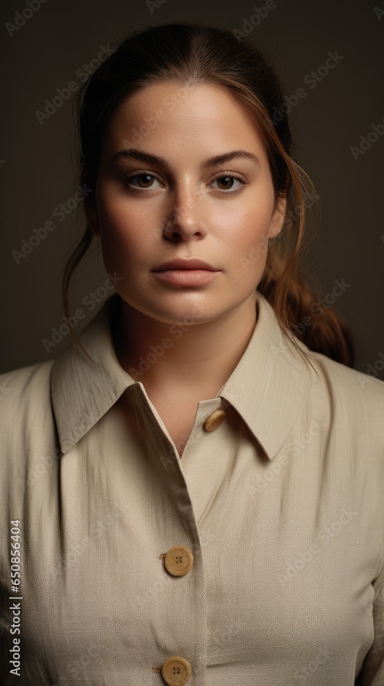 Fashion beige minimalist background with plus size model, styling, young professional model Fashion beige minimalist background with plus size model, styling, young professional model