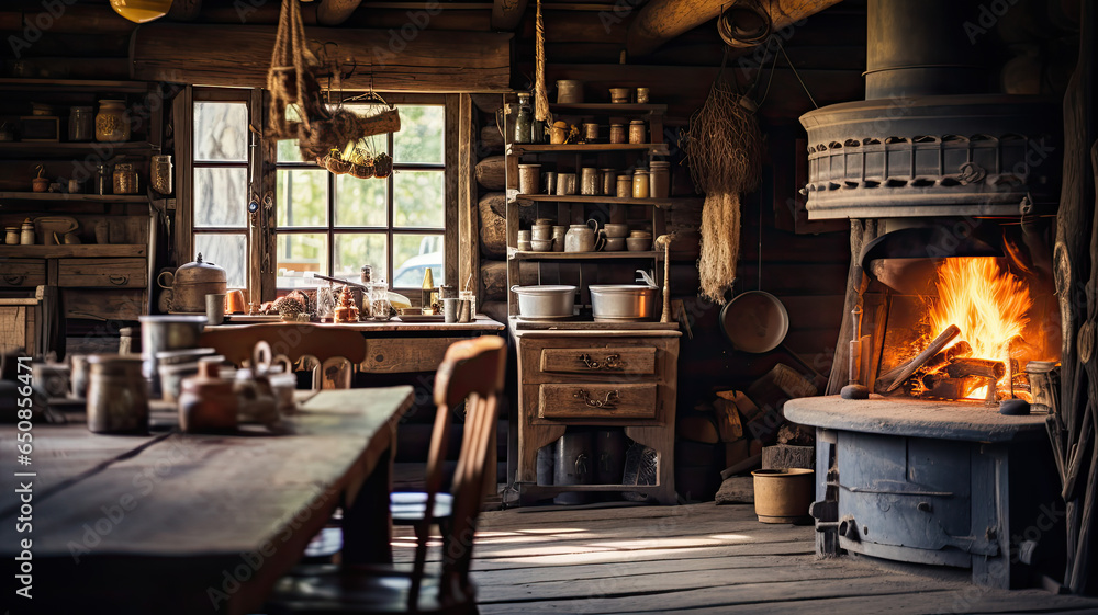 Rustic Charm: Old Wood Kitchen in Log Cabin