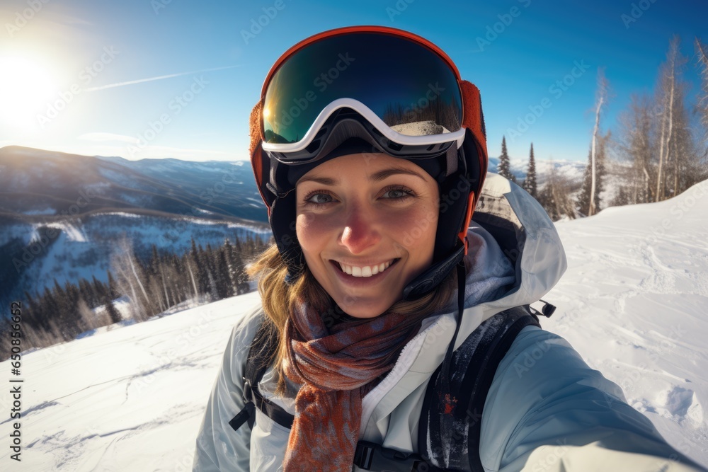 Young woman on ski glasses and snowboard equipment at the mountain doing activities.